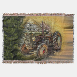 Vintage Green Tractor Rustic Old Barn Throw Blanket