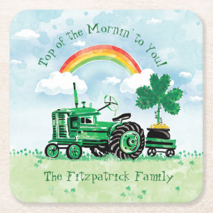 Vintage Green Tractor Shamrock Add Family Name Square Paper Coaster