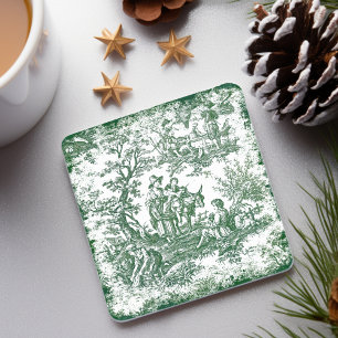 Vintage green tree toile de jouy printed stone coaster