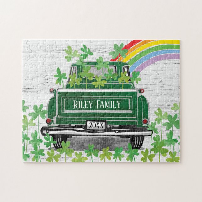 Vintage Green Truck Rainbow Rustic Family Name Jigsaw Puzzle (Horizontal)