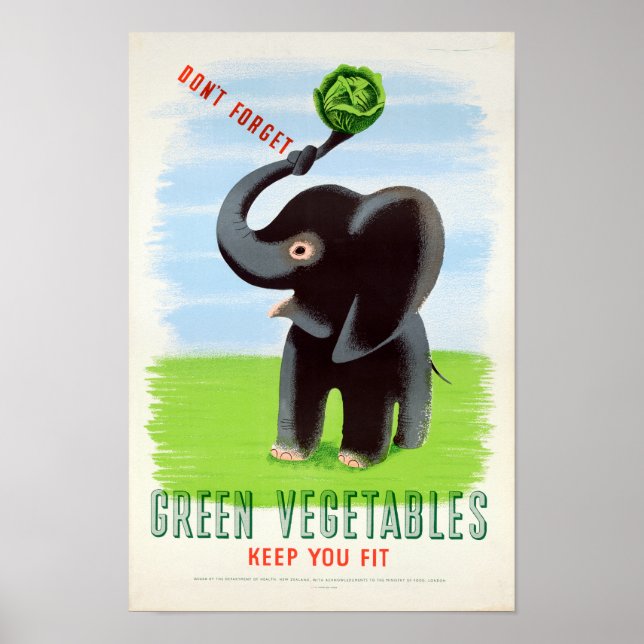 Vintage Green Vegetables Health Elephant Poster (Front)