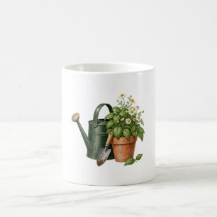 Vintage Green Watering Can and Chamomile Garden Coffee Mug