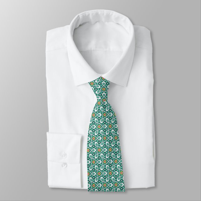 Vintage Green White Ottoman Turkish Vine Pattern Tie (Tied)