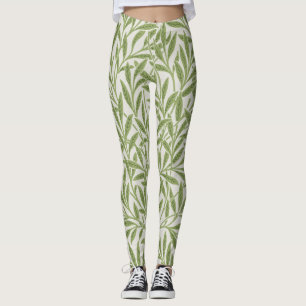 Vintage Green Willow Leaves Botanical Leggings