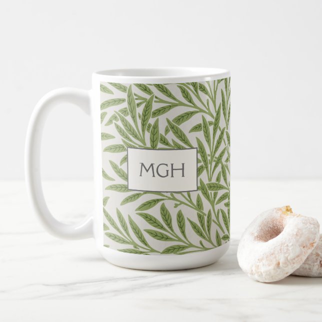 Vintage Green Willow Leaves Monogram Coffee Mug (With Donut)