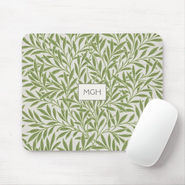 Vintage Green Willow Leaves Monogram Mouse Pad (With Mouse)