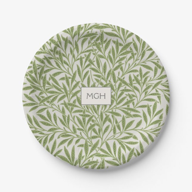 Vintage Green Willow Leaves Monogram Paper Plate (Front)