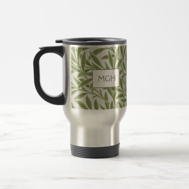 Vintage Green Willow Leaves Monogram Travel Mug (Left)