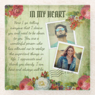 Vintage Green Wooden Floral Romantic Love Letter Glass Coaster