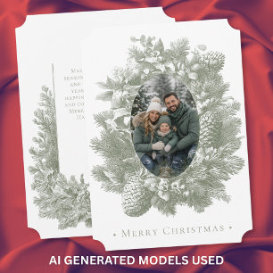 Vintage Green Wreath Botanical Christmas Photo Holiday Card