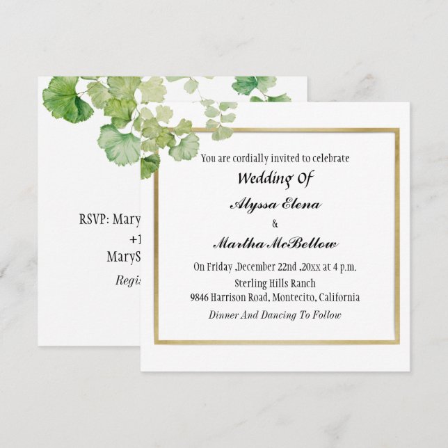 Vintage  Greenery Watercolor Lesbian Wedding Invitation (Front/Back)