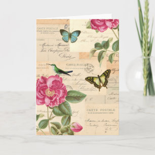 Vintage greeting card with roses and butterflies