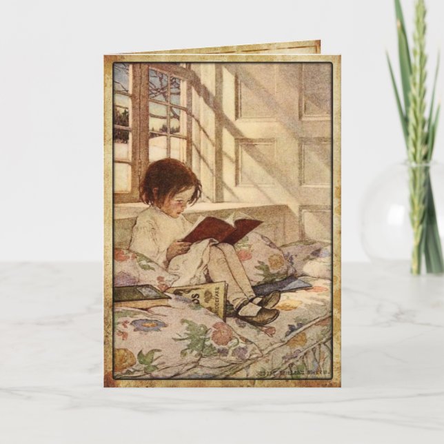 Vintage Greeting Card with Sweet Girl Reading (Front)
