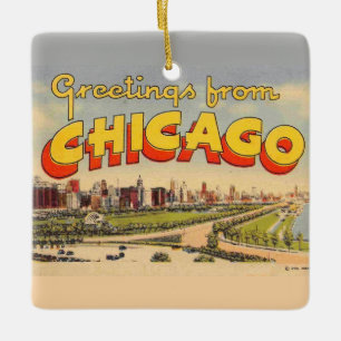 Vintage Greeting from Chicago Card Ceramic Ornament
