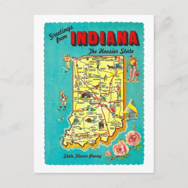 Vintage Greetings from Indiana Map Postcard (Front)