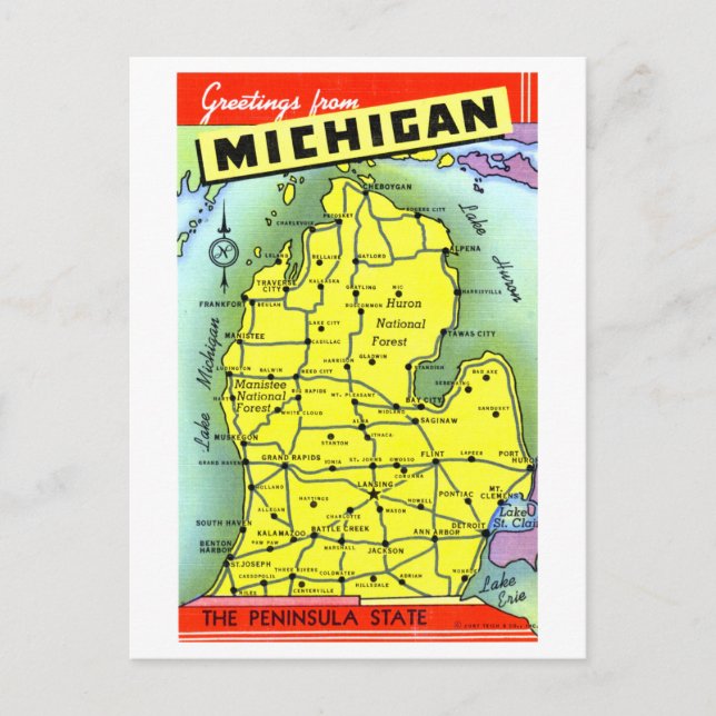 Vintage Greetings from Michigan Map Postcard (Front)