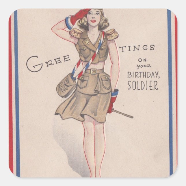 Vintage Greetings Girl Birthday Soldier Square Sticker (Front)