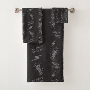 Vintage Grey and Black Old Punks Rockers Rock On Bath Towel Set