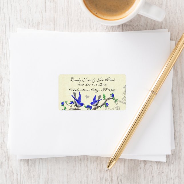 Vintage Grey Bird Royal Blue Blossoms RSVP Label (Insitu)