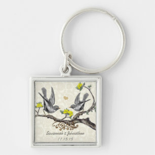 Vintage Grey Birds Yellow Flower Wedding Key Chain