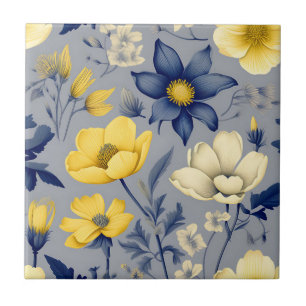 Vintage Grey Botanical with Yellow Floral Ceramic Tile