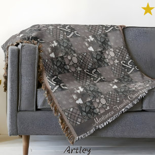 Vintage Grey Christmas Patchwork Quilt Family Name Throw Blanket