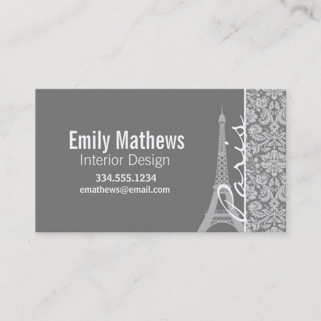 Vintage Grey Damask Paris Business Card (Front)