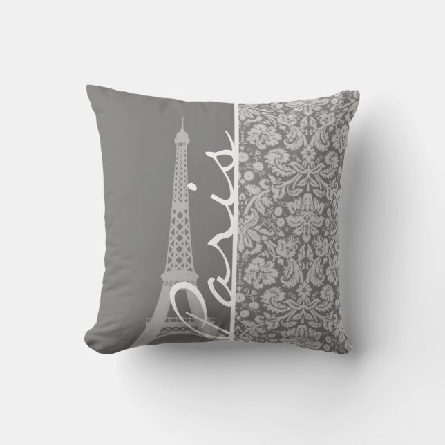 Vintage Grey Damask Paris Cushion (Front)