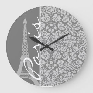 Vintage Grey Damask Paris Large Clock