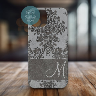 Vintage grey Damask Pattern with Monogram Case-Mate iPhone 14 Case