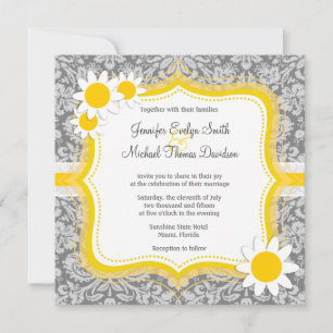 Vintage Grey Damask with Daisy Invitation