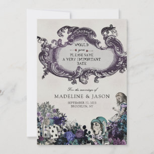 Vintage Grey Dark Alice in Wonderland Wedding Save The Date