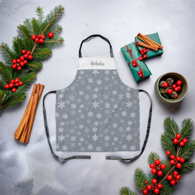 Vintage Grey elegant Snowflakes Personalised  Apron (Vintage Grey elegant Snowflakes Personalized Apron)