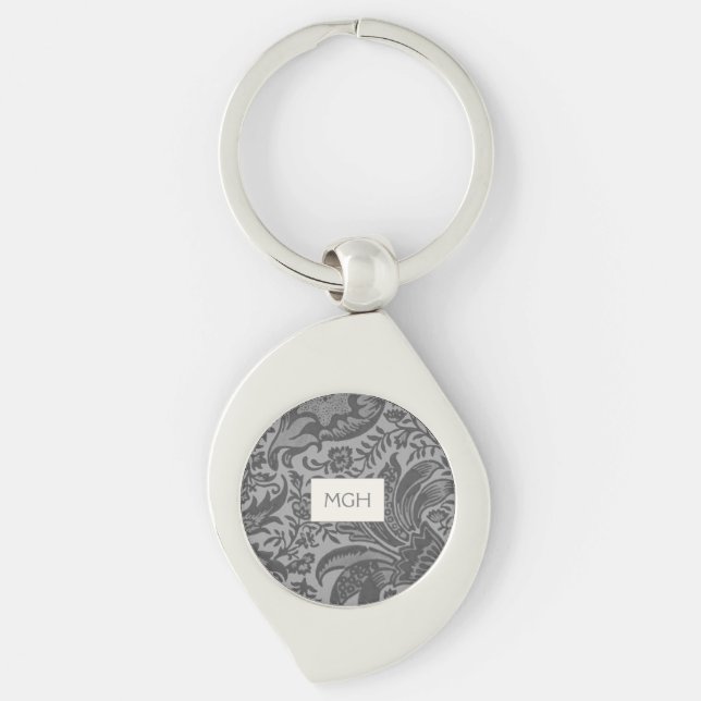 Vintage Grey Floral Botanical Monogram Key Ring (Front)