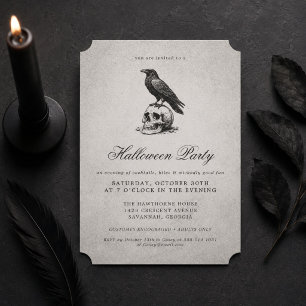 Vintage Grey Gothic Raven Skull Adult Halloween Invitation