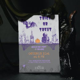 Vintage Grey Orange Purple Doodle Halloween Invitation
