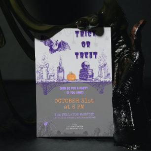 Vintage Grey Orange Purple Doodle Halloween Invitation