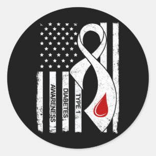 Vintage Grey Ribbon American Flag Type 1 Diabetes Classic Round Sticker