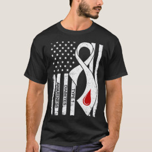 Vintage Grey Ribbon American Flag Type 1 Diabetes  T-Shirt