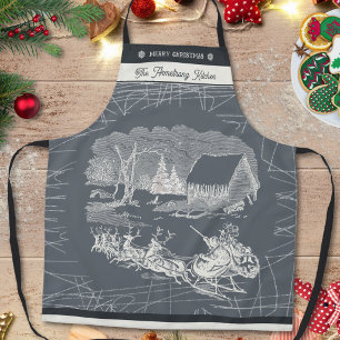 Vintage Grey Santa Sleigh Reindeer Christmas Apron