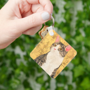 Vintage Grey White Cat Portrait Key Ring