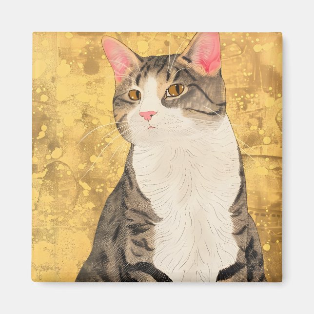 Vintage Grey White Cat Portrait Magnet (Front)