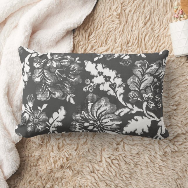  Vintage Grey White Floral Pattern Lumbar Cushion (Blanket)