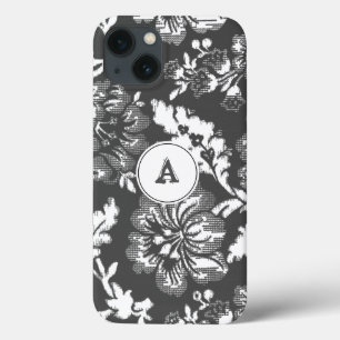 Vintage Grey White Floral Print With Monogram iPhone 13 Case