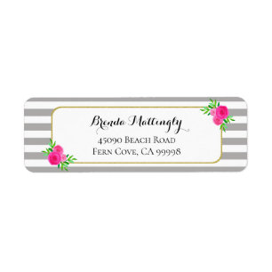Vintage Grey White Stripes Pink Watercolor Floral Return Address Label