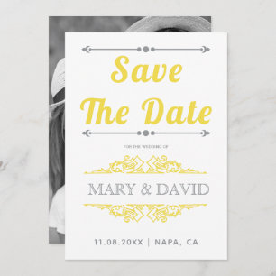 Vintage grey, yellow typography Save the Date