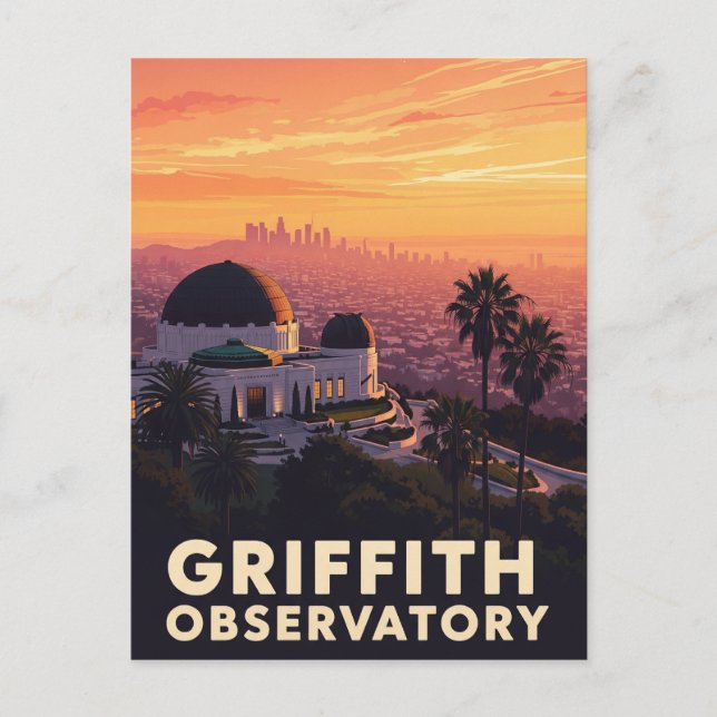 Vintage Griffith Observatory Los Angeles Sunset Postcard (Front)