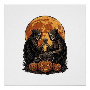 Vintage Grim Reapers Halloween Pumpkin Vector Desi Poster