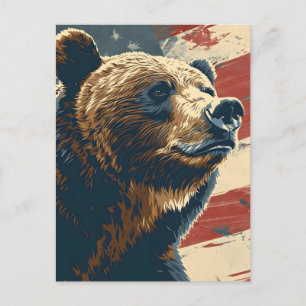 Vintage Grizzly American Flag Postcard