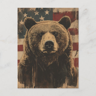 Vintage Grizzly Bear USA American flag Postcard